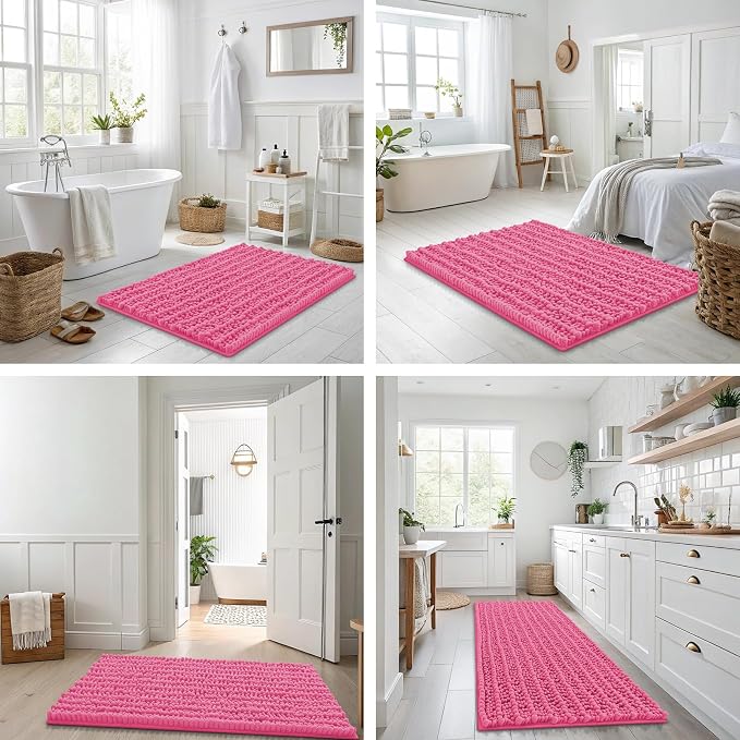 Smiry Bathroom Rugs 44X24, Extra Soft Rubber Backing Chenille Bath Mats | Hot Pink Machine Washable Non Slip Quick Dry Bath Mats for Bathroom Floor, Tub, Shower, Home Decor Accessories