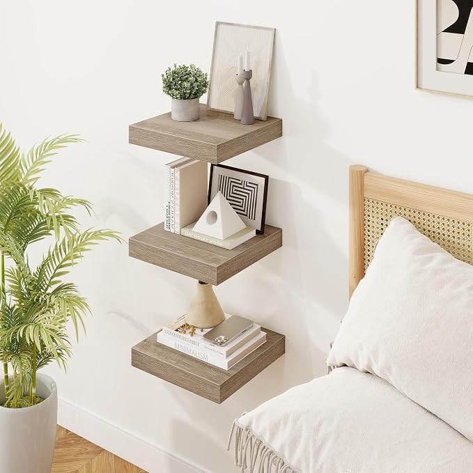 Marsmiles 8in Depth Floating Shelves, 8x8x1.4, Grey, Set of 3 | Small Wall Mounted Square Shelves, Engineered Wood, Invisible Brackets, Living Room, Bedroom, Bathroom, Kitchen Decor