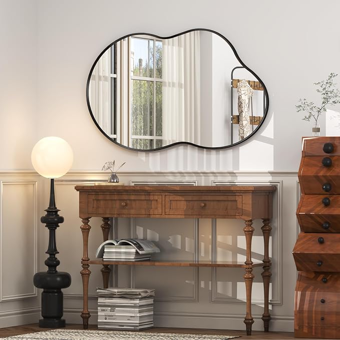60x32 Inch Black Matte Irregular Wall Mirror | Black Asymmetrical Mirror, Decorative Bathroom Vanity Mirror, Shatterproof, Anti-Rust(Horizontally/Vertically)