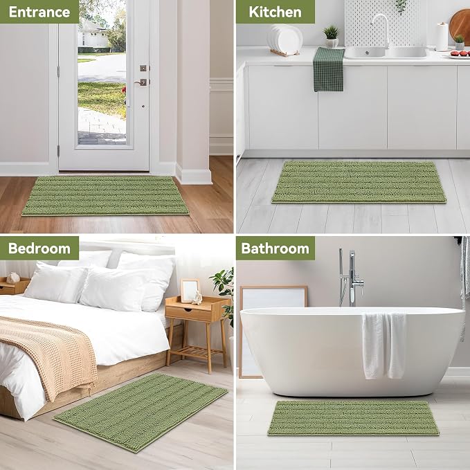 Bcoimo Bath Rug Mat,Sage Chenille High Absorbent Long Bathroom Runner Rugs | Non Slip with Rubber Back Bathroom Mat For Floor,Tub,Shower; Extra Soft mat; Quick Dry 44x24 Microfiber mat; Machine Washable