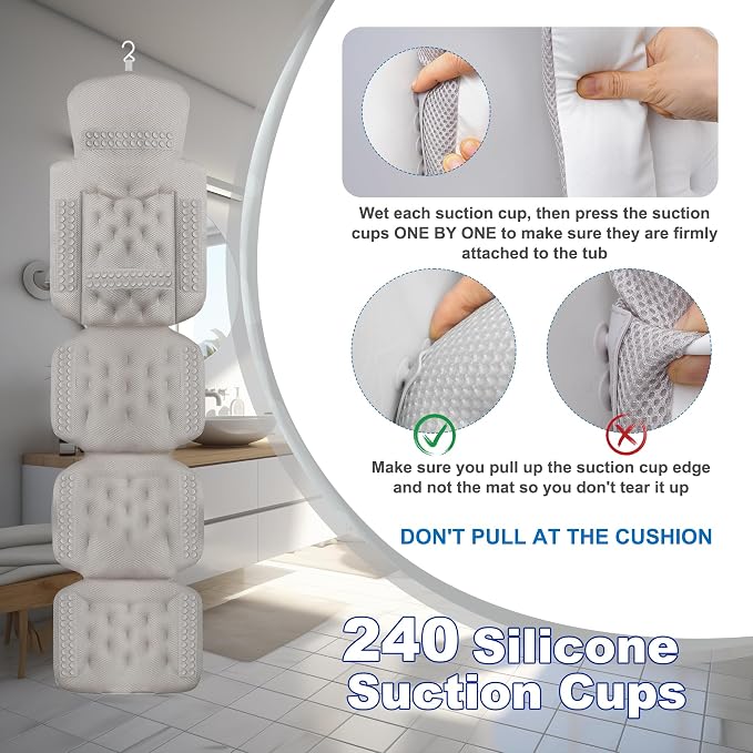 Luxury Full Body Bath Pillow for Bathtub, Bath Pillows for Tub with Mesh Laundry Bag, Cushion for Bathtub Headrest Neck Back Support - 5D Air Mesh & Quick Drying | White 63" x 16"