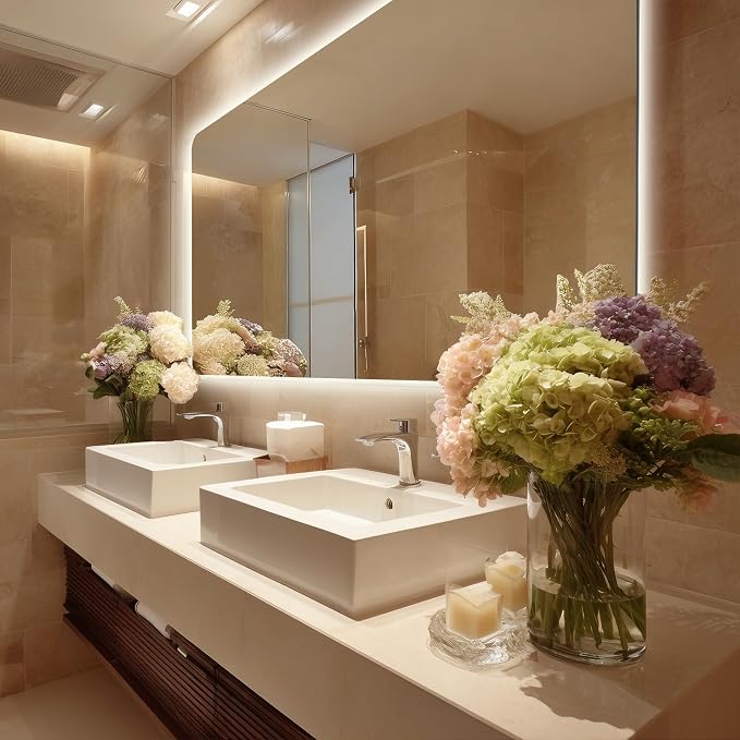 60''x36'' Lighted Mirrors for Bathroom Wall Backlit Rectangular Rounded Corners, LED Bathroom Mirror Frameless with Lights Anti Fog, Dimmable, 3 Colors,Tempered Glass, Shatter-Prooff (Color 2)