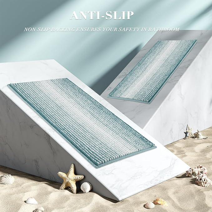 Bathroom Rugs and Mats Sets, 2 Piece Thick Absorbent Chenille Non Slip, Soft Shaggy Floor Mats, Machine Washable (Sea Green, 20" x 47" Plus 16" x 24")