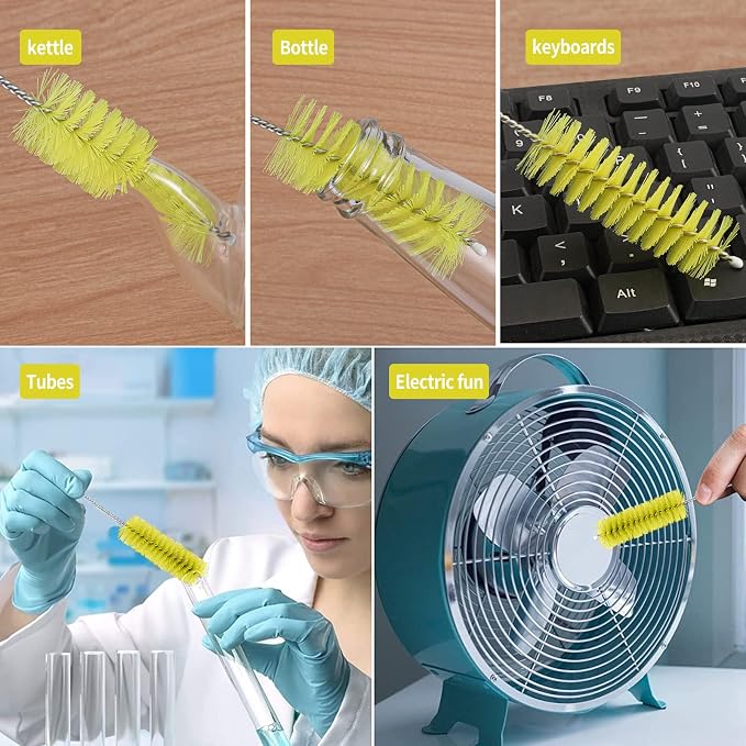 CiaraQ Bottle Cleaning Brushes, 8 Inch Nylon Tube Brush Set | Yellow Cleaner for Narrow Neck Bottles Cups with Hook, Set of 10pcs.
