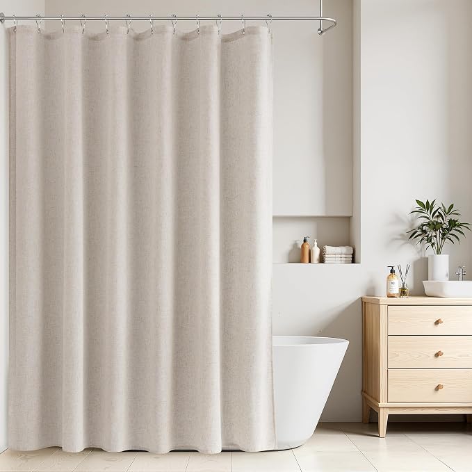 Extra Long Linen Shower Curtain 96 Inch Long for Bathroom Boho Farmhouse Fabric Shower Curtains Set with Hooks Neutral Cloth Modern Cottage Core Waterproof,Mousse White