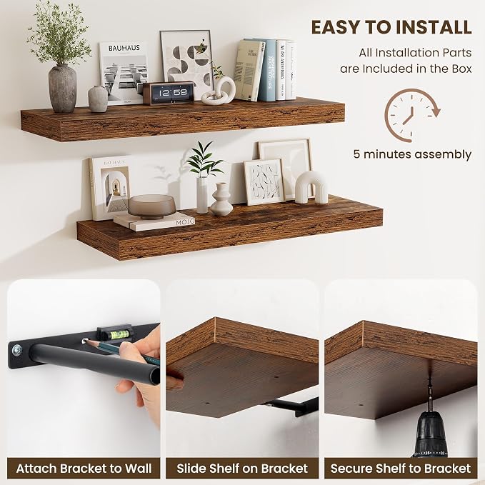48 Inch Floating Shelves for Wall - 12 Inch Deep Fireplace Mantel Shelf - Wood Floating Shelf for Wall - Large Storage Shelves Wall Mount for Living Room & Bedroom - Rustic Brown - Set of 2