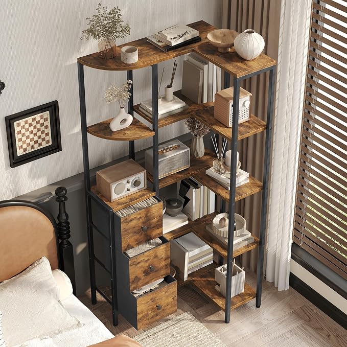 Corner Bookshelf, 5-Tier L-Shaped Bookcase with 3 Fabric Drawers, Storage Display Shelf, Freestanding Tall Open Shelf, for Living Room, Bedroom, Home Office, Rustic Brown SJ12BR