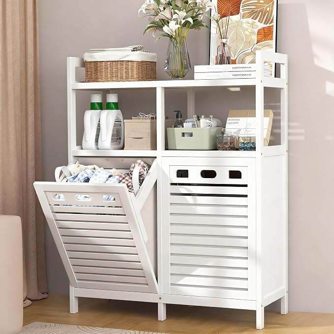 VASMIA Tilt Out Laundry Hamper Cabinet, Bamboo Double Laundry Hamper with 2 Removable Laundry Baskets, 20 Gal Laundry Sorter Organizer with Shelf for Dirty Clothes, Bathroom, Laundry Room, White
