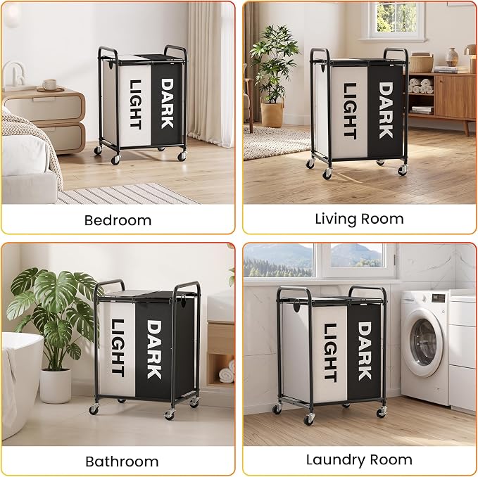 120L Laundry Sorter 2 Section, Rolling Laundry Basket with Wheels & Lid | 31.7 Gal Laundry Hamper, 2 Separated Removable Bags, Dirty Clothes Hamper for Laundry Room, Bedroom, Multicolored