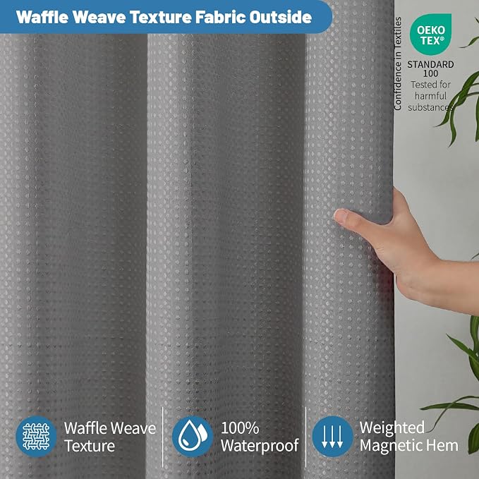 2-in-1 Waterproof Fabric Shower Curtain - No Separate Liner Needed, Hotel-Style Waffle Weave, Effortless Cleaning & Washable Bathroom Shower Curtain Set,36Wx72H,Grey