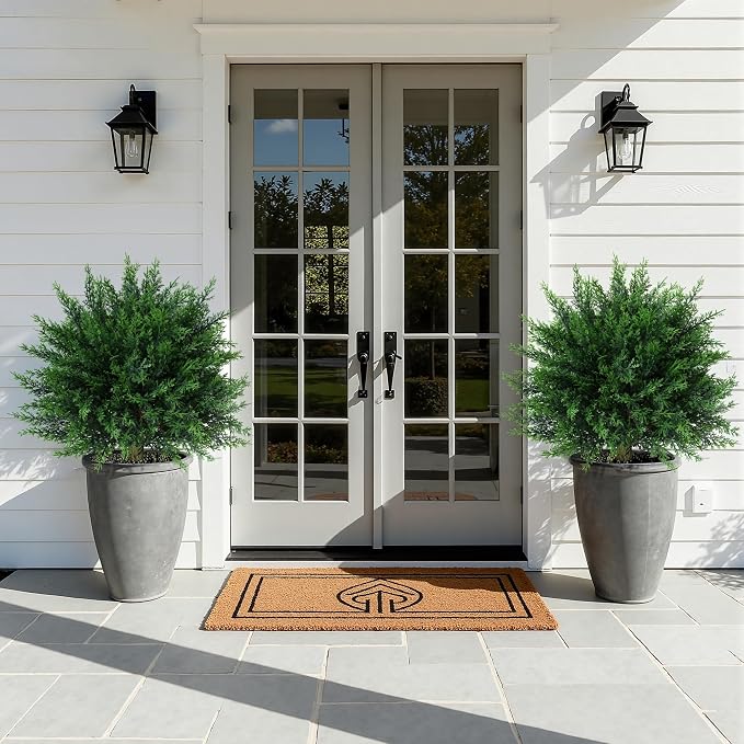 Artificial Cedar Topiary Trees for Outdoors, 2 Pack Fake Plants for Outdoor Indoor Artificial Shrubs with Ground Spike UV Resistant Fake Bushes for Front Porch Garden