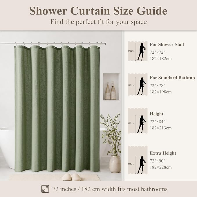 Jowels Sage Green Linen Fabric Shower Curtains for Bathroom, 72x72 | Green Linen Shower Curtains Set, Waterproof Washable Weighted Textile, Metal Hooks, Hotel Boho Farmhouse Bathroom Decor