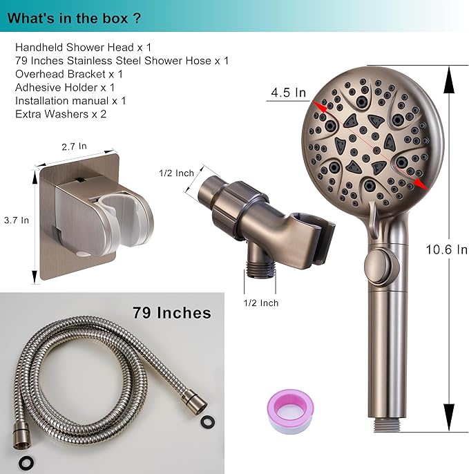GwernKB Brushed Nickel Shower Heads Handheld with On Off Switch,8-Mode High Pressure Shower Wand with 79In Stainless Steel Hose&Bracket PLUS Low-Reach Adhesive Wall Mount Holder for Kids&Elderly