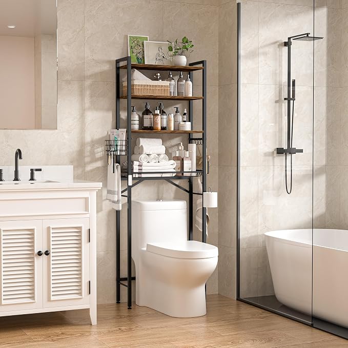 Over-The-Toilet Storage Rack, 4-Tier Bathroom Organizer Shelf Over Toilet with Adjustable Shelf and Basket, Freestanding Space Saver Bathroom Shelves Above Toilet for Room(Brown)