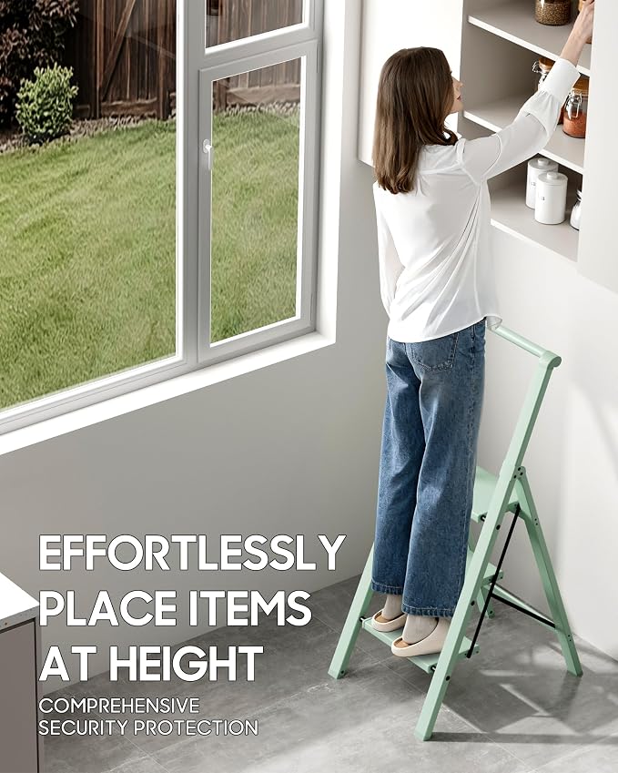HillhutApex Aluminum 3 Step Ladder, Step Stool Foldable Ladder(Pale Green) | Stepladder with Handgrip,Anti-Slip Pedals,330lbs Capacity,Lightweight Folding Ladder for Home,Office,Libaray