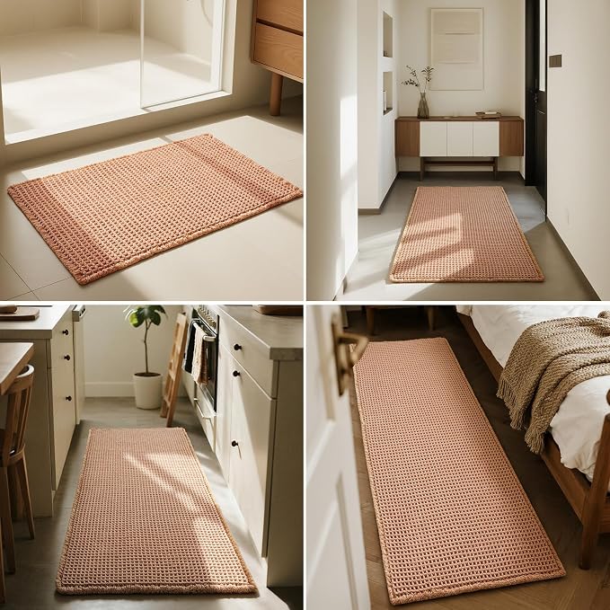 Triohero Waffle Runner Bath Mat - Long Bathroom Rugs Non Slip Washable, Ultra Soft Super Absorbent Quick Dry Boho Farmhouse Bathroom Decor, 24" x 60"', Light Peachy