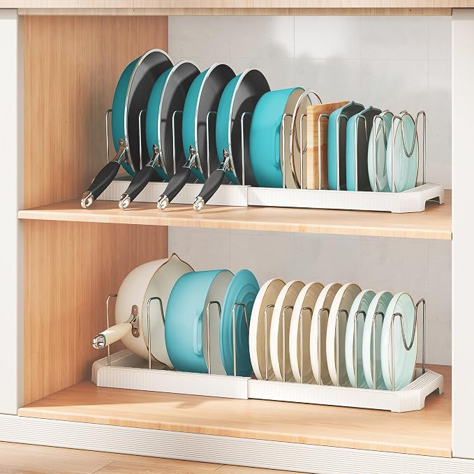 Expandable Pan Organizers Inside Cabinet with 12 Dividers White | Extends 12.9-21.9", Holds cookie sheets, cutting boards, pot lids and pans, iron dividers, plastic base, under cabinet rack