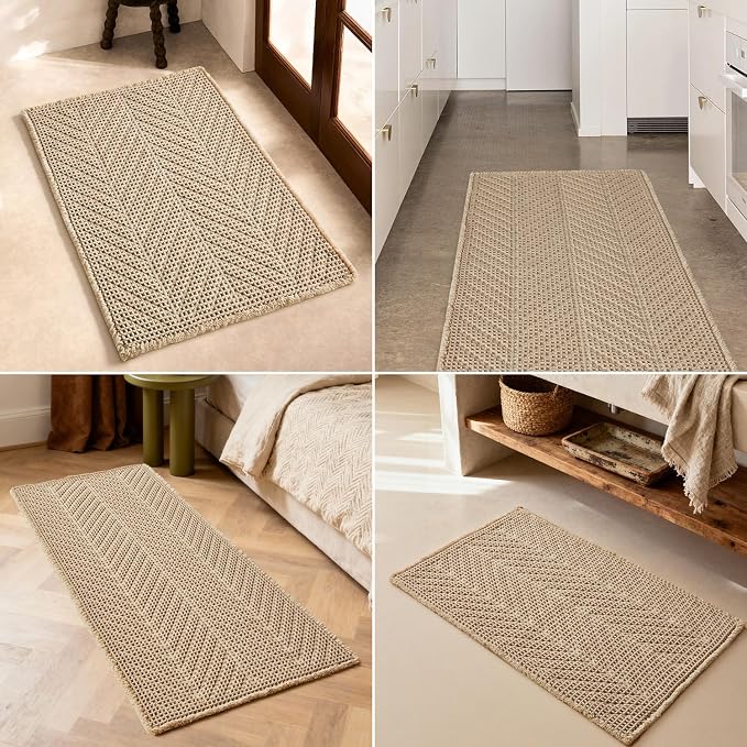 Sunfly Waffle Bath Mat, Boho Bath Rugs for Bathroom Floor Super Absorbent & Quick Dry, Non-Slip Washable Bath Mat with Tassels, Ultra Soft Farmhouse Bathroom Decor 16"*24" Beige
