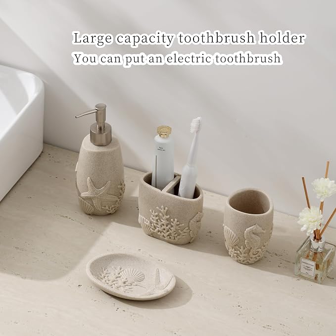 Bathroom Accessories Set, 4 PCS, Sea Bathroom Decor, Sandstone Look Beige | Ocean Theme,With 10OZ Soap Dispenser, Toothbrush Holder, Tumbler, Soap Dish, For Bathroom Countertop Organizer