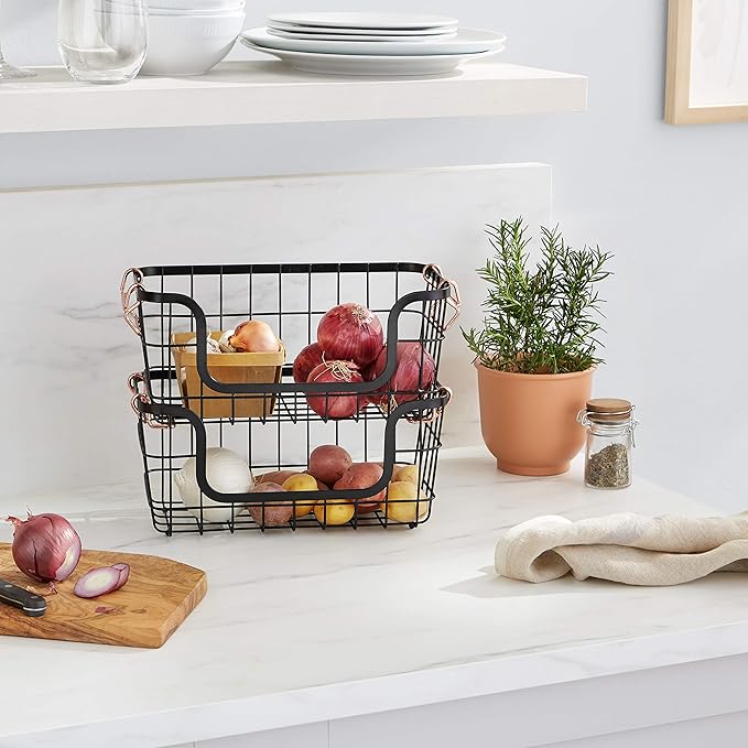 Amazon Basics Stackable Metal Wire Rectangular Storage Baskets for Kitchen, Bathroom or Pantry Organizing, 2 Count, Black (Pack of 4)