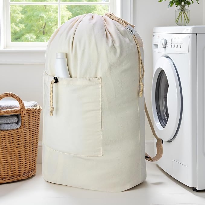 Laundry Backpack Canvas Laundry Bag with Straps Drawstring, Beige, XX-Large | Heavy Duty Washable Dirty Cloth Hamper Bag with Large Front Pocket for College, Travel, Laundromat, Camping