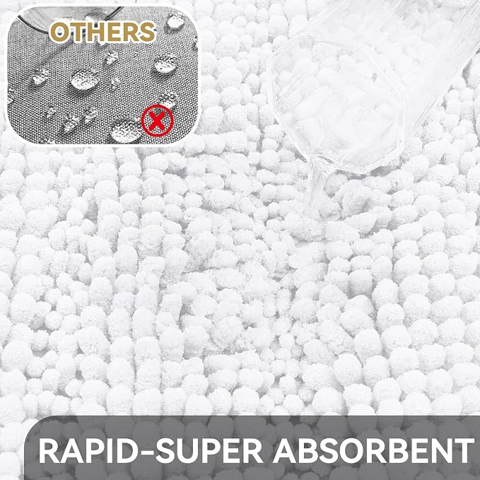 Bcoimo Small Bath Rug Mat,Chenille Extra Soft White Bathhroom Mats for Tub | Non Slip with Rubber Back 24x17 Bathroom Rugs;High Absorbent,Quick Dry Microfiber mat; Machine Washable;Extra Soft Bath Rug