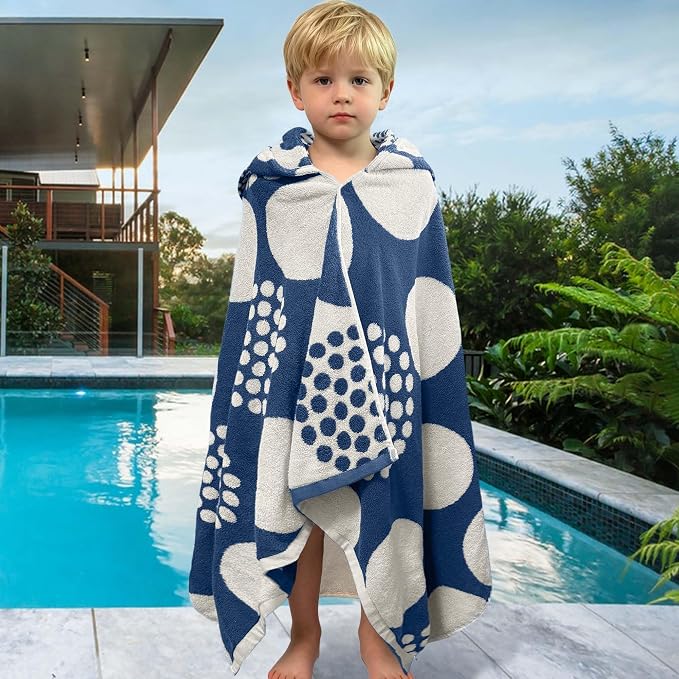 VOOVA & MOVAS Kids Hooded Towel, 3-8 Years, 100% Cotton, Dark Blue Dot | Classic Dot Jacquard Craft, Powerful Absorbency, Multi-Scene Use for Bath, Beach, Pool and Swimming