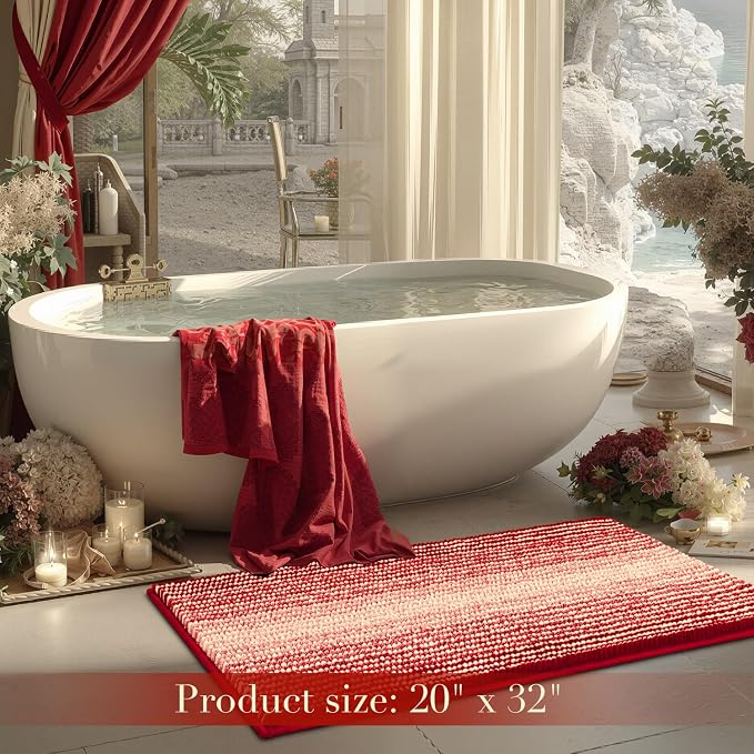 Christmats Bathroom Rug, Bath Mat Rug for Christmats Decorations Non Slip 20 x 32 Inches Water Absorbent Chenille Bathroom Floor Mats Machine Washable (Christmas Red)