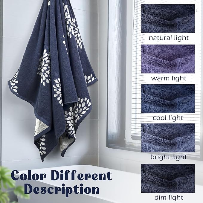 Jacquotha Cute Bath Towels Set of 2 (Denim Blue) - Large 55” x 28” | Decorative Hydrangea FloralJacquard, Bathroom & Guest Room Decor, Cotton