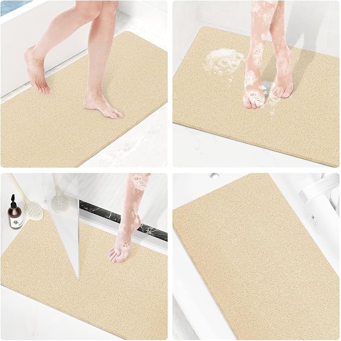 SoftDuo Shower Mat Bathtub Mat Non-Slip Soft Tub Mat | 47x16 inch,PVC Loofah Bath Mat with Drain for Tub and Bathroom,Quick Drying,Khaki