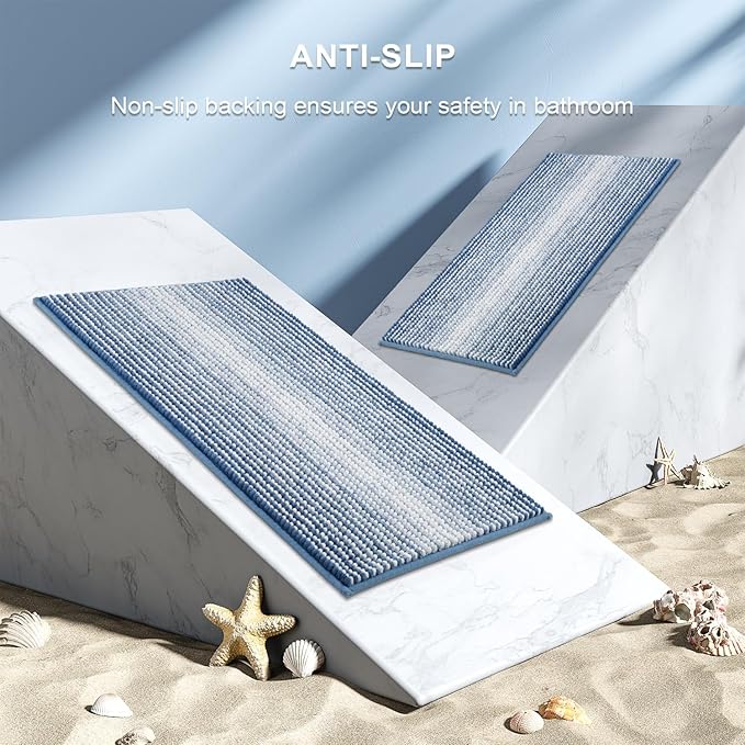 Bathroom Rugs and Mats Sets, 2 Piece Thick Absorbent Chenille Bath Mat Rug Set Non Slip, Soft Shaggy Bath Room Floor Mats for Bathroom, Machine Washable (Sky Blue, 20" x 47" Plus 16" x 24")