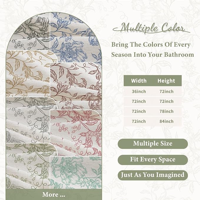 Sage Boho Linen Shower Curtain, Farmhouse Floral for Bathroom | Botanical floral print. Rustic farmhouse boho decor. Durable linen blend fabric. Machine washable for easy care. 72x72