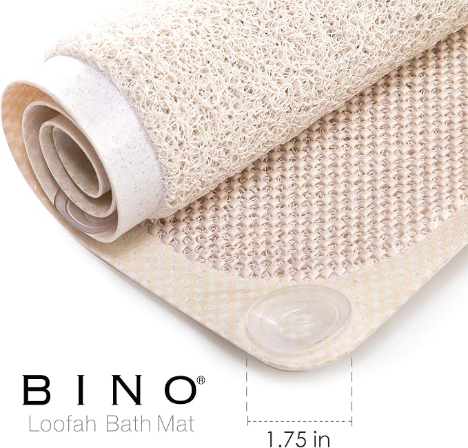 BINO | Loofah Non-Slip Bath Mat for Tub - Ivory | Spa-Inspired Comfort, Quick-Drying, Secure Suction Cups | Exfoliating Shower Mat for a Luxurious and Safe Bathing Experience