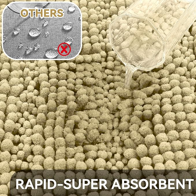 Bcoimo Small Bath Rug Mat,Chenille High Absorbent Beige Bathroom Floor Mats | Non Slip with Rubber Backing 24x17 Bathroom Rug; Machine Washable;Extra Soft Bath Rug;High Absorbent、Quick Dry Microfiber mat