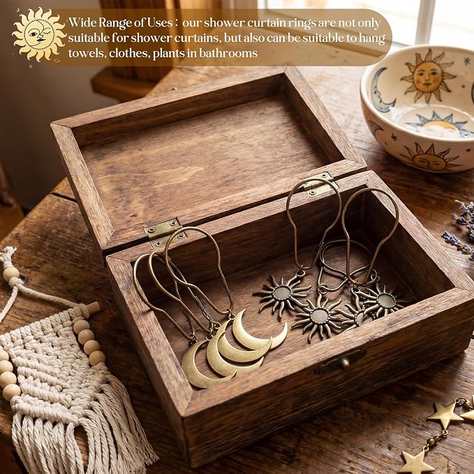 12 Pcs Sun Moon Celestial Shower Curtain Hooks Boho Theme Bathroom Decor Mystic Fantasy Goth Curtain Hooks Rings Vintage Bathroom Decoration(Boho,Bronze)