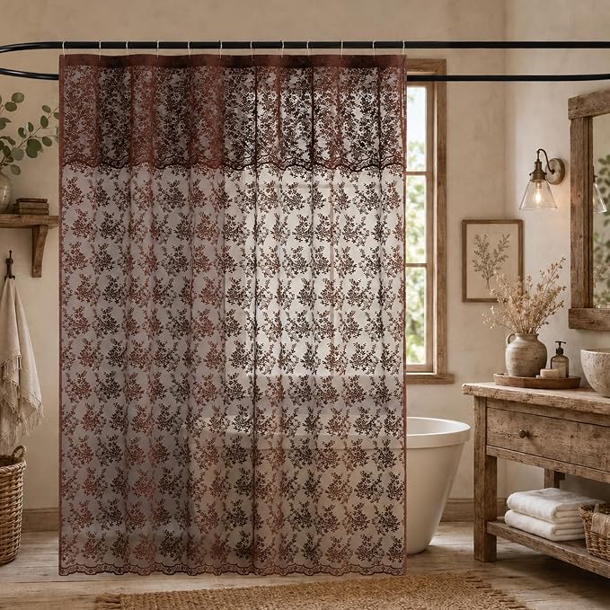 TUDECO Extra Long Brown Lace Shower Curtain for Bathroom, 72W x 84L Inch | Dark Chocolate Brown, Cottagecore Floral, Attached Valance, Autumn Cozy Decor, Scalloped Edges, Reinforced Holes