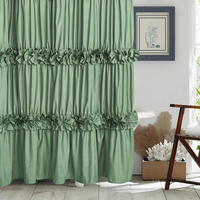 Light Green Ruffle Shower Curtain 72" W x 72" H | Vintage Handcrafted Bow Tie Bath Curtain for Master Bathroom, Ruched Microfiber Bathroom Curtain with 12 Buttonholes (LQ-10)