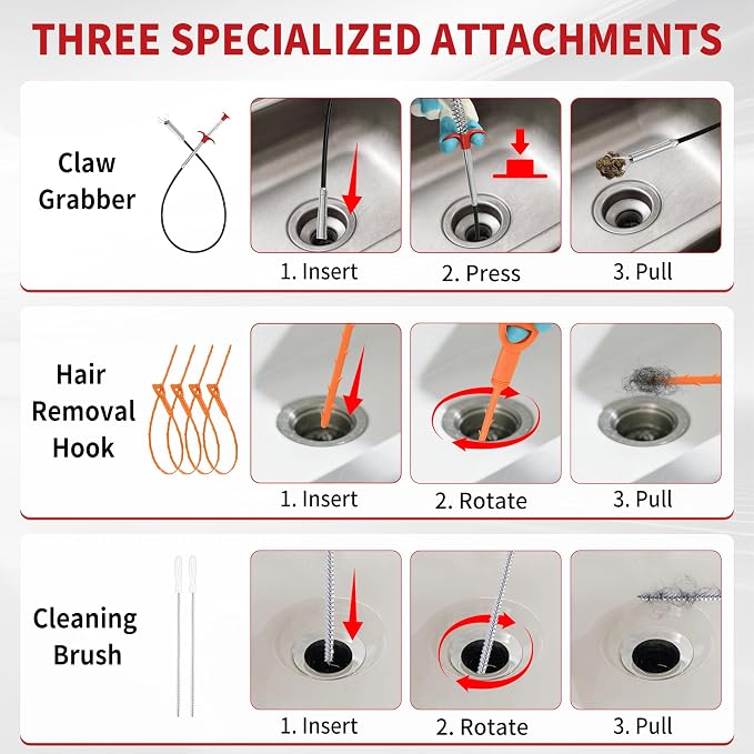 Drain Snake 50 Ft with Drill Attachment, Auto Feed 1/4 Inch Plumbing Snake for Sink, Shower & Tub Clogs, Manual or Drill-Powered Drain Auger, with Gloves, Safety Glasses & Storage Bag