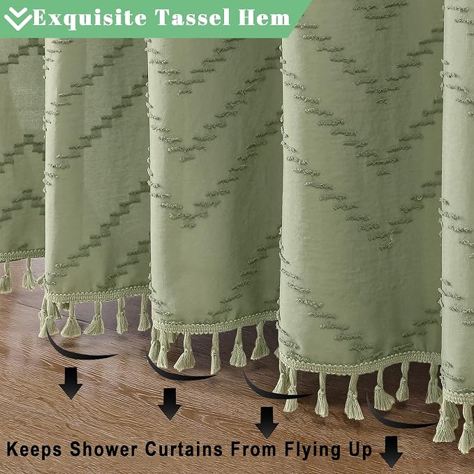 Light Green Fabric Shower Curtain, Boho Shower Curtains for Bathroom Chic Tufted Chevron Striped Textured with Tassel, Soft Hotel Style Farmhouse, Machine Washable, 72x78, Light Green