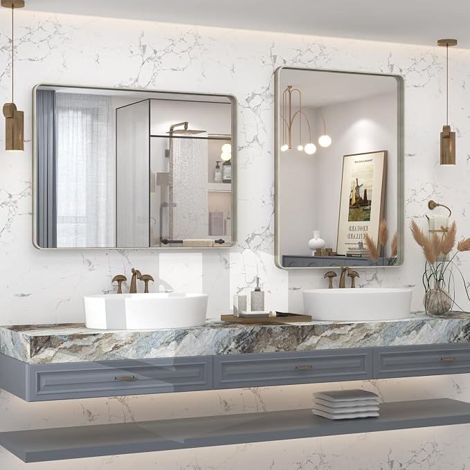 24x32 Inch Brushed Nickel Bathroom Vanity Mirror | Silver Metal Frame Mirror, Rounded Rectangle, Shatterproof, Anti-Rust, Hangs Horizontally or Vertically
