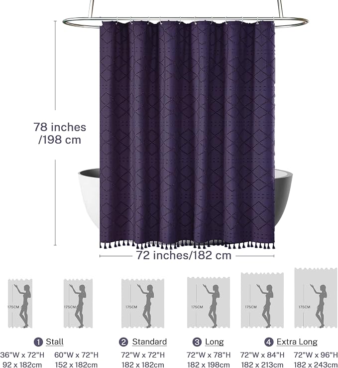 Siiluminisoy 78inch Long Dark Purple Shower Curtain Boho Shower Curtain Woven Fabric Tufted Chevron Textured Striped Modern Farmhouse Minimalist Cloth Shower Curtains for Bathroom, 72" x 78"