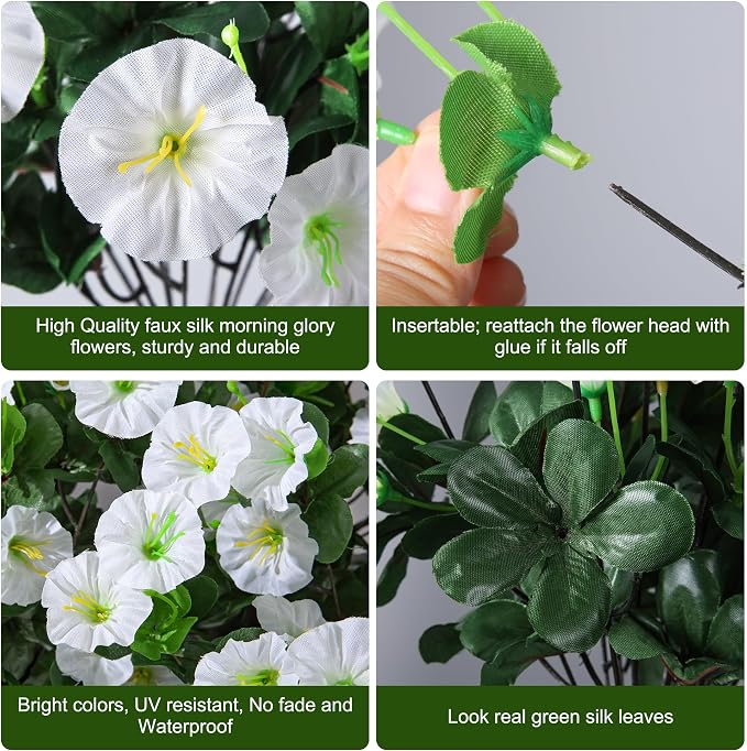 Artificial Flowers for Outdoors Fake Plants Outside Decoration, 4 Bundles Silk White Morning Glory UV Resistant Look Real Faux Flowers for Planter Front Door Porch Patio Yard Gardens Balcony