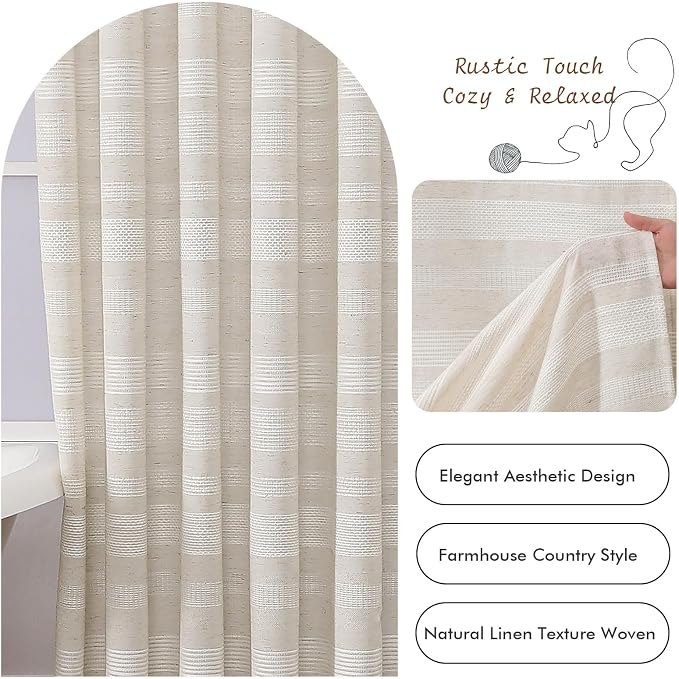 Linen Boho Stall Shower Curtain, Narrow Soft Fabric Striped Textured Bathroom Shower Curtain with Tassel, Modern Farmhouse Machine Washable Bath Decor, Linen, 36Wx72L Inches