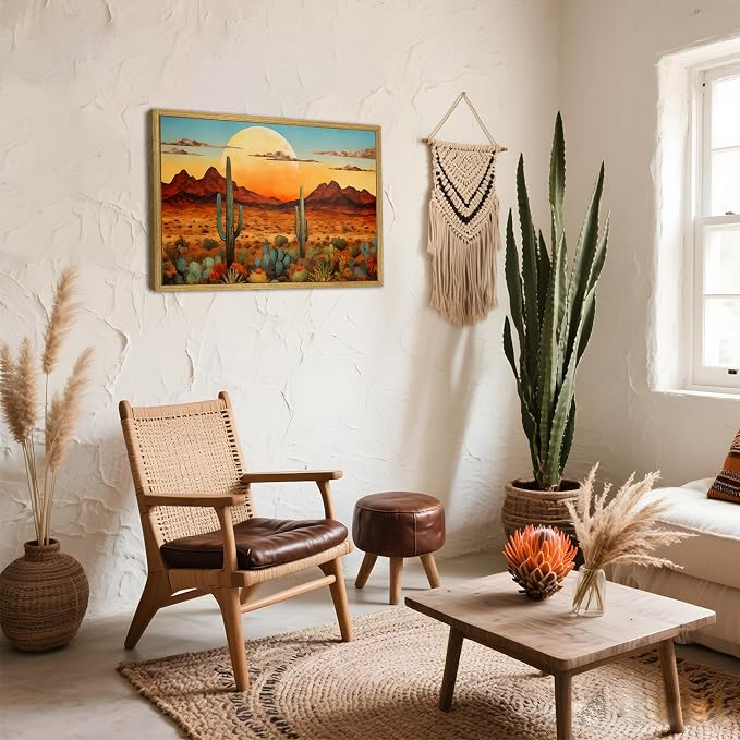 Framed Western Desert Sunset Cactus Wall Art, Vintage Southwest Nature Landscape Canvas Print, Rustic Wall Decor Picture, Boho Mexican Oil Painting for Living Room Bedroom Office bathroom 16x24 Inch