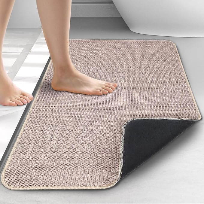 Upgraded Bath Mat 24x36Inch, Thin Bath Mats Rugs with Rubber Backing Non-Slip, Absorbent,Quick Dry Machine Washable, Home Decor Accessories Cozy Cloth Bathroom Rugs fit Under Door/Sink/Tub-Biege