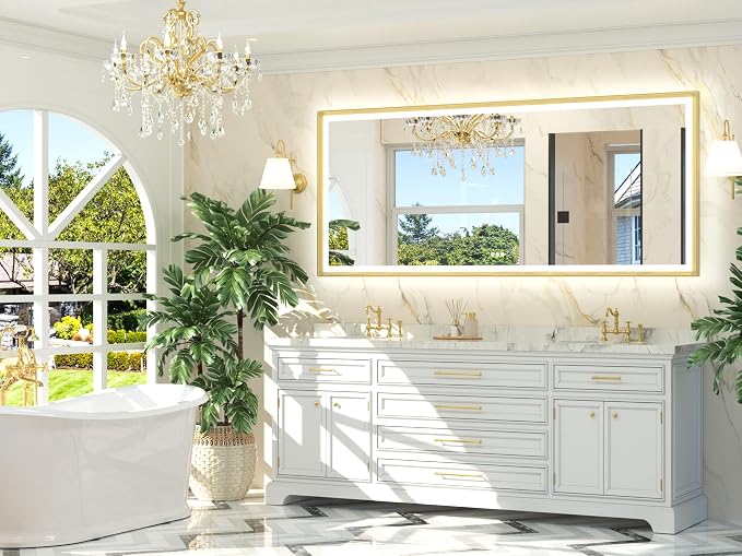 84x36 LED Bathroom Mirror with Lights Gold Frame Frontlit & Backlit Lighted Vanity Mirror Baroque Anti Fog Dimmable White/Warm/Natural,CRI90+,Waterproof,Wall Mounted(Horizontal/Vertical)