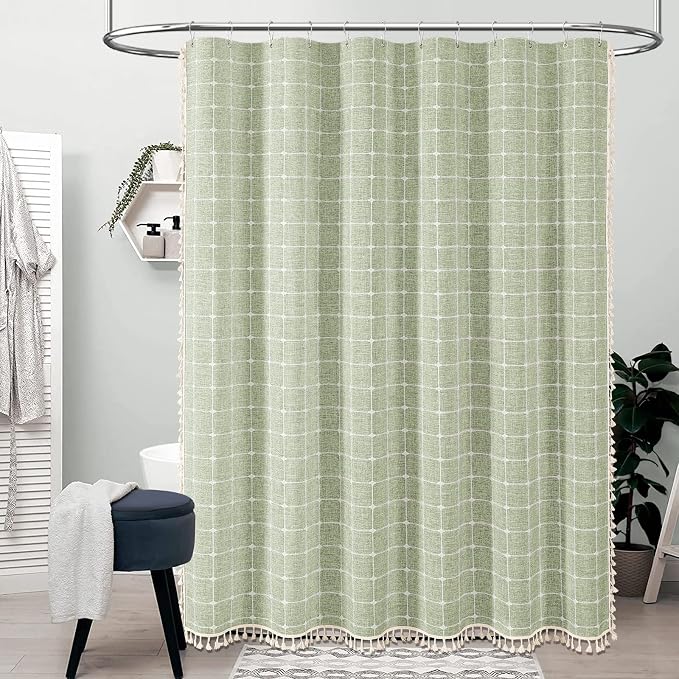 72x90 Boho Farmhouse Linen Heavy Duty Shower Curtain Set, Sage Green | Long Size, 330GSM Linen Blend, 3-side Tassels, Water Repellent Fabric, 12 Plastic Hooks, Rustic Bohemian, Machine Washable