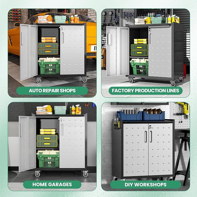 Garage Tool Cabinet Set,Heavy Duty Steel Rolling Tool Chest with Lockable Doors & Adjustable Shelves