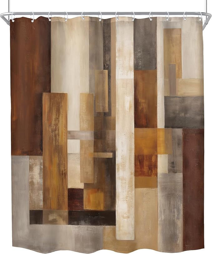 Brown Shower Curtain Rustic Tan Abstarct Wooden Bathroom Curtain Set | 60Wx72H Retro Block Geometric Farmhouse Waterproof Hd Print With Fast-Drying Fabric And 12 Hooks