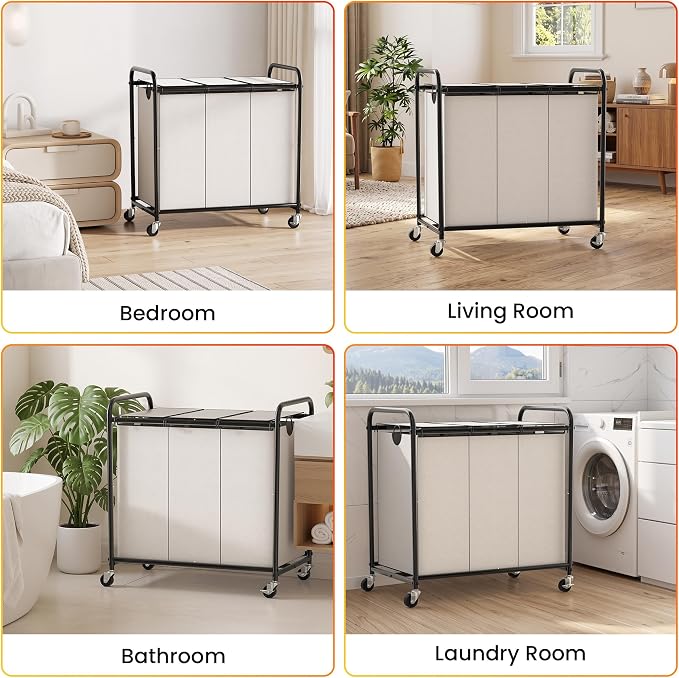 180L Laundry Sorter 3 Section, Rolling Laundry Basket with Wheels and Lid | 47.55 Gal Laundry Hamper, 3 Separated Removable Bags, Lockable Wheels, Dirty Clothes Hamper for Laundry Room Organizer, White